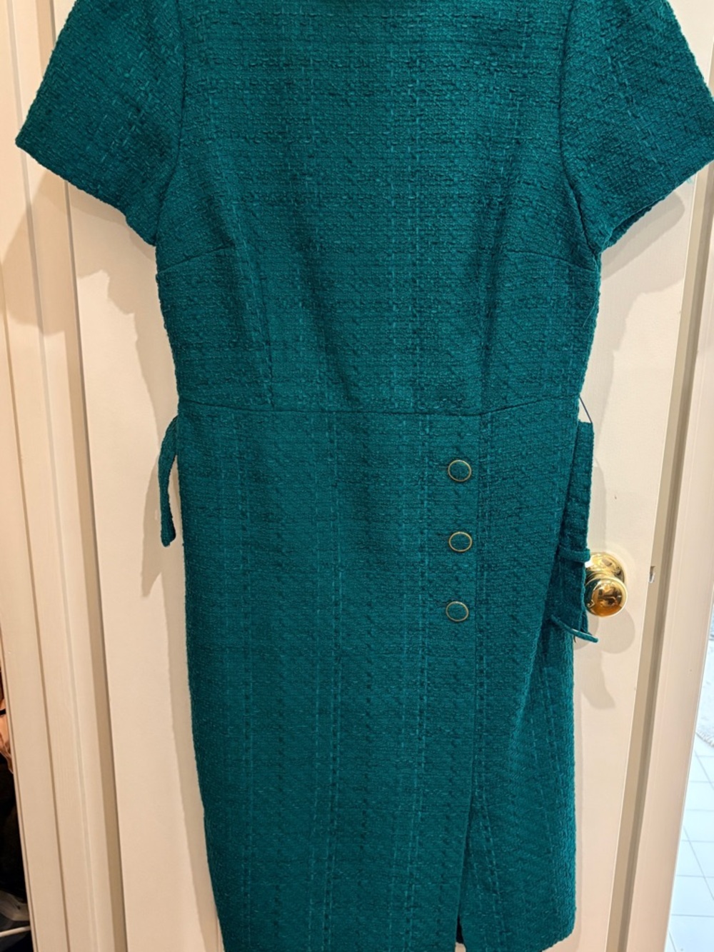 Ann Taylor Teal Short-Sleeve Midi Sheath Dress with Side Buttons